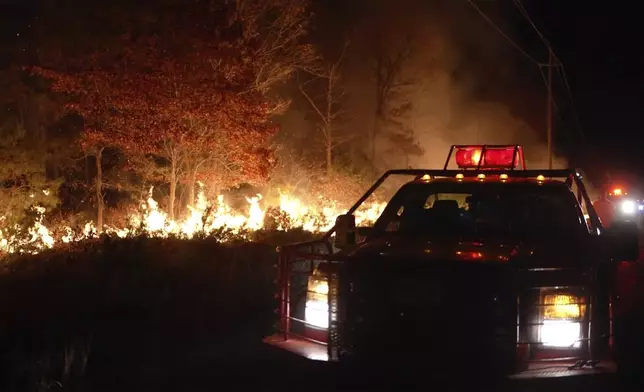 This photo provided by New Jersey Department of Environmental Protection firefighters respond to a forest fire on Wednesday, Nov. 6, 2024 in Evesham, N.J. (New Jersey Department of Environmental Protection via AP)