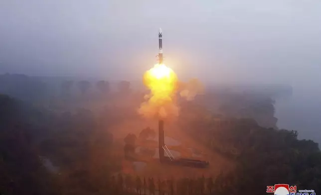 This photo provided by the North Korean government, shows what it says a test launch of new intercontinental ballistic missile "Hwasong-19" at an undisclosed place in North Korea Thursday, Oct. 31, 2024. Independent journalists were not given access to cover the event depicted in this image distributed by the North Korean government. The content of this image is as provided and cannot be independently verified. Korean language watermark on image as provided by source reads: "KCNA" which is the abbreviation for Korean Central News Agency. (Korean Central News Agency/Korea News Service via AP)