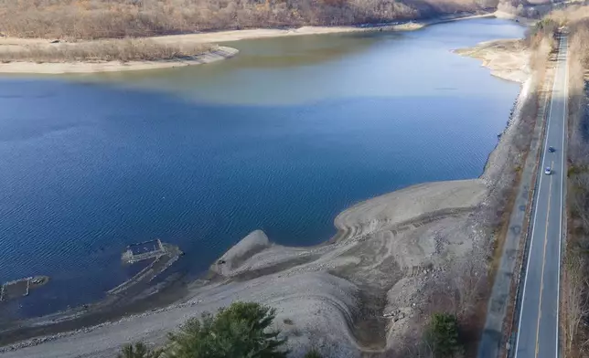 Low water levels at the Wanaque Reservoir in Ringwood, N.J., is shown Monday, Nov. 11, 2024. (AP Photo/Ted Shaffrey)