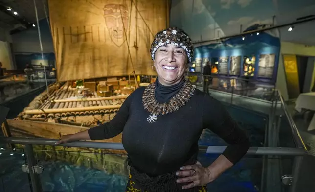 Rapa Nui Chilean politician Laura Tarita Rapu Alarcon attends the "repatriation" ceremony for artifacts and human remains, at the Kon Tiki Museum in Oslo, Norway, Tuesday, Nov. 12, 2024. (Lise Åserud/NTB Scanpix via AP)