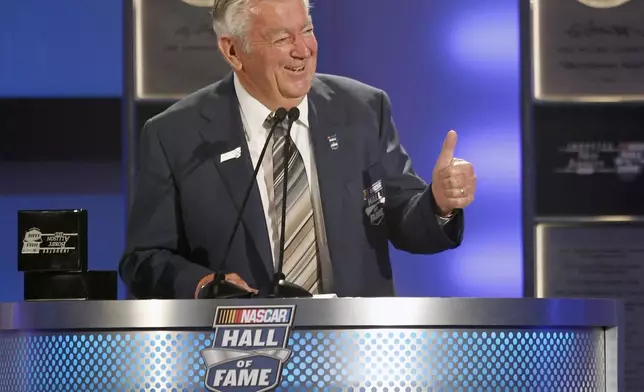 FILE - Bobby Allison speaks after being inducted into the NASCAR Hall of Fame in Charlotte, N.C., Monday, May 23, 2011. (AP Photo/Terry Renna, File)