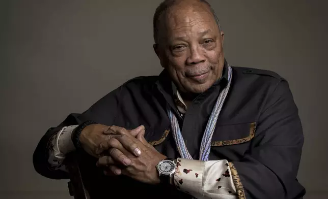 FILE - In this Sept. 23, 2014 file photo, Producer Quincy Jones, of the documentary film "Keep On Keepin' On," poses for a portrait, in New York, Sept. 23, 2014. (Photo by Drew Gurian/Invision/AP, File)