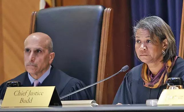 Justice Frank Gaziano and Chief Justice Kimberly S. Budd listen to arguments from the bench during the Karen Read trial at the Massachusetts Supreme Court in Boston, Wednesday, Nov. 6, 2024. (Greg Derr/The Patriot Ledger via AP, Pool)