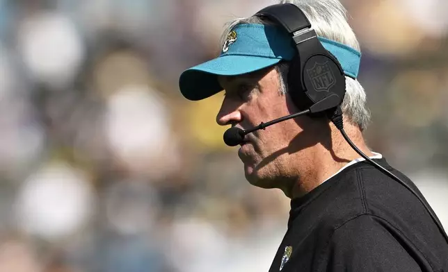 Jacksonville Jaguars head coach Doug Pederson watches during the first half of an NFL football game against the Green Bay Packers Sunday, Oct. 27, 2024, in Jacksonville, Fla. (AP Photo/Phelan M. Ebenhack)