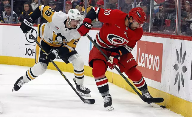 Carolina Hurricanes' William Carrier (28) protects the puck in front of Pittsburgh Penguins' Marcus Pettersson (28) during the second period of an NHL hockey game in Raleigh, N.C., Thursday, Nov. 7, 2024. (AP Photo/Karl B DeBlaker)