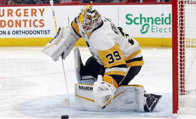 Pittsburgh Penguins goaltender Alex Nedeljkovic (39) protects the puck against the Carolina Hurricanes during the second period of an NHL hockey game in Raleigh, N.C., Thursday, Nov. 7, 2024. (AP Photo/Karl B DeBlaker)