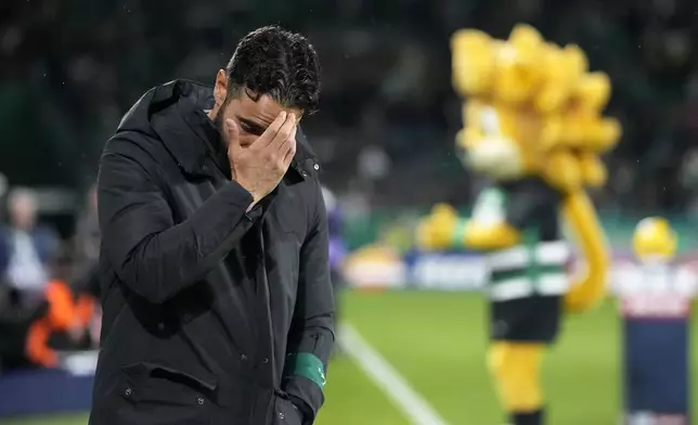 Sporting's head coach Ruben Amorim walks by the bench before a Portuguese league soccer match between Sporting CP and Estrela da Amadora at the Alvalade stadium in Lisbon, Friday, Nov. 1, 2024. (AP Photo/Armando Franca)