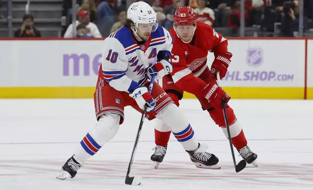 New York Rangers left wing Artemi Panarin (10) skates toward the goal past Detroit Red Wings left wing Lucas Raymond (23) during the second period of an NHL hockey game Saturday, Nov. 9, 2024, in Detroit. (AP Photo/Duane Burleson)