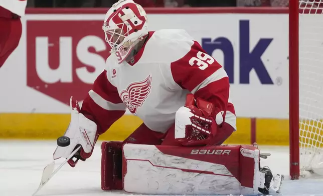 Detroit Red Wings goaltender Cam Talbot makes a save during the second period of an NHL hockey game against the Chicago Blackhawks, Wednesday, Nov. 6, 2024, in Chicago. (AP Photo/Erin Hooley)