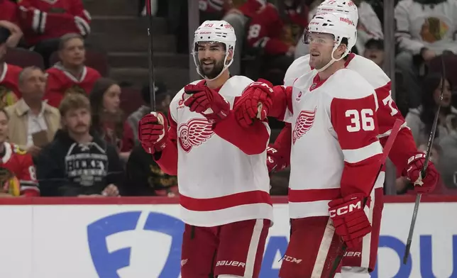 Detroit Red Wings center Joe Veleno, left, celebrates his goal against the Chicago Blackhawks during the third period of an NHL hockey game that the Redwings won 4-1 Wednesday, Nov. 6, 2024, in Chicago. (AP Photo/Erin Hooley)