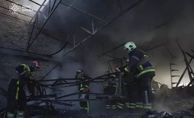 In this photo provided by the Ukrainian Emergency Service on Thursday, Nov. 7, 2024, rescuers clear the rubble of a damaged building which was resulted from Russian drone attack in Kyiv, Ukraine. (Ukrainian Emergency Service via AP)