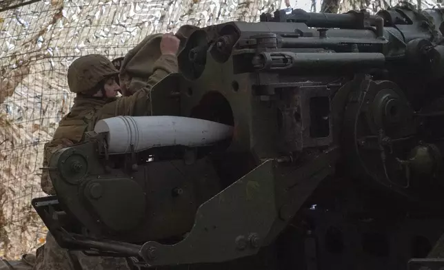 A serviceman of the 13th Brigade of the National Guard of Ukraine prepares to fire a Giatsint-B gun towards Russian positions near Kharkiv, Ukraine, Wednesday, Nov. 6, 2024. (AP Photo/Efrem Lukatsky)