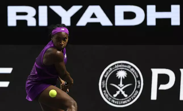 Coco Gauff of the U.S. in action during her women's singles semi final match against Belarus' Aryna Sabalenka at King Saud University Indoor Arena, in Riyadh, Saudi Arabia, Friday, Nov. 8, 2024. (AP Photo)