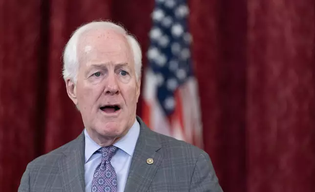 FILE - Sen. John Cornyn, R-Texas, speaks to media, Oct. 18, 2023, on Capitol Hill in Washington. (AP Photo/Stephanie Scarbrough, File)