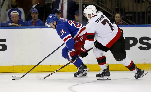 New York Rangers forward Kaapo Kakko, left, skates past Ottawa Senators forward Brady Tkachuk during the second period of an NHL hockey game, Friday, Nov. 1, 2024, in New York. (AP Photo/John Munson)