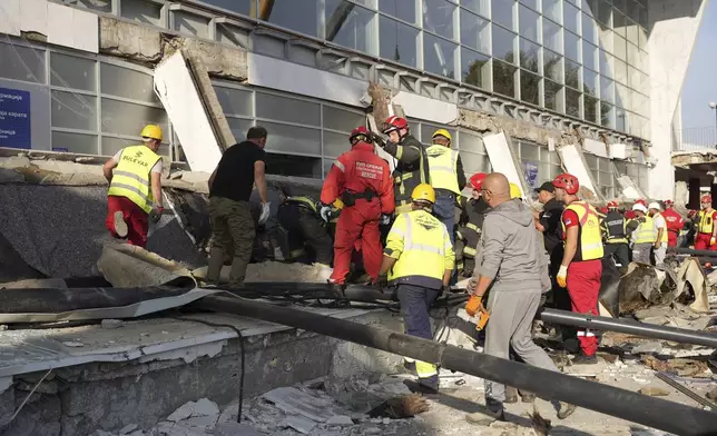 Rescue service workers inspect a scene as a roof collapsed at a railway station, Friday Nov. 1, 2024, in Novi Sad, Serbia. (Interior Ministry of Serbia via AP)