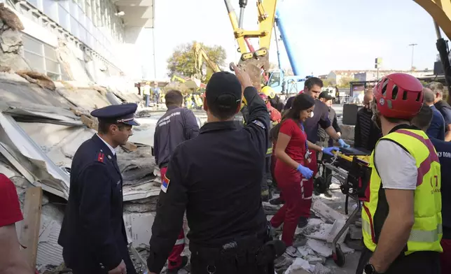 Rescue service workers inspect a scene as a roof collapsed at a railway station, Friday Nov. 1, 2024, in Novi Sad, Serbia. (Interior Ministry of Serbia via AP)