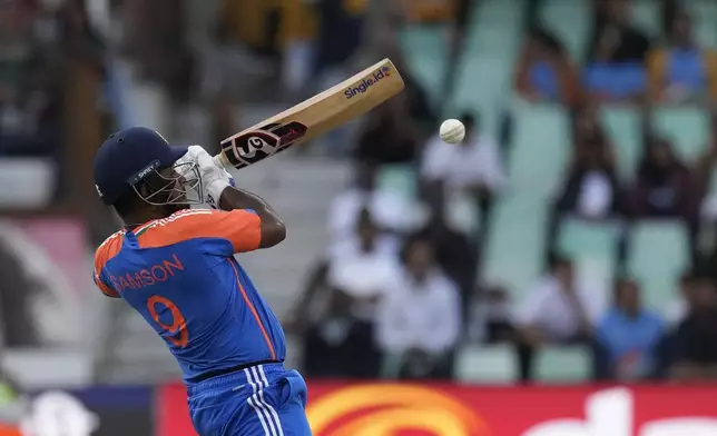 India's batsman Sanju Samson plays a high ball during the T20 International cricket match between South Africa and India, at Kingsmead stadium in Durban, South Africa, Friday, Nov. 8, 2024. (AP Photo/Themba Hadebe)