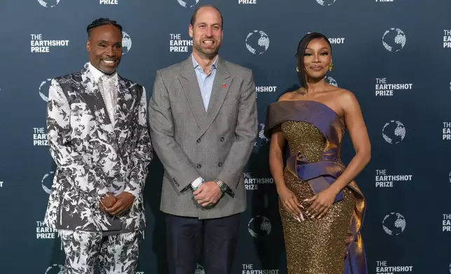 Britain's Prince William poses with Billy Porter and Bonang Matheba before the start of the Earthshot Prize Award ceremony in Cape Town, South Africa, Wednesday, Nov. 6, 2024. (AP Photo/Jerome Delay)