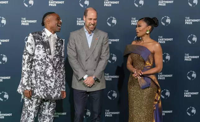 Britain's Prince William shares a laugh with Billy Porter and Bonang Matheba before the start of the Earthshot Prize Award ceremony in Cape Town, South Africa, Wednesday, Nov. 6, 2024. (AP Photo/Jerome Delay)