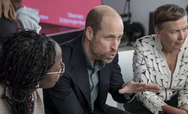 Britain's Prince William talks to a group of young people at the Earthshot Prize Climate Leaders Youth Programme at Rooftop on Bree in Cape Town, South Africa, Monday Nov. 4, 2024. (Gianluigi Guercia/Pool Photo via AP)