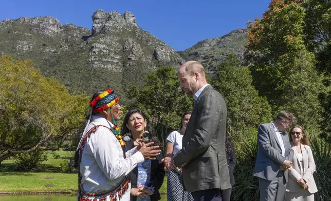 Britain's Prince William meets finalists of the 2024 Earthshot Prize at the Kirstenbosch Botanical Gardens in Cape Town, South Africa, Wednesday, Nov. 6, 2024. (AP Photo/Jerome Delay, Pool)