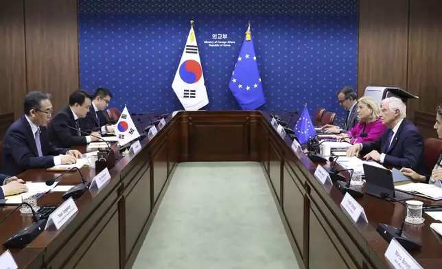 South Korean Foreign Minister Cho Tae-yul, left, and European Union foreign policy chief Josep Borrell, right, during a meeting at the Foreign Ministry, in Seoul, South Korea, Monday, Nov. 4, 2024. ( Chung Sung-Jun/Pool Photo via AP)