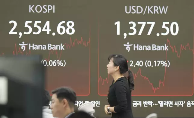 A currency trader walks by the screen showing the Korea Composite Stock Price Index (KOSPI), left, and the foreign exchange rate between U.S. dollar and South Korean won at a foreign exchange dealing room in Seoul, South Korea, Friday, Nov. 1, 2024. (AP Photo/Lee Jin-man)