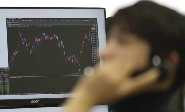 A currency trader talks on the phone at a foreign exchange dealing room in Seoul, South Korea, Thursday, Nov. 7, 2024. (AP Photo/Lee Jin-man)