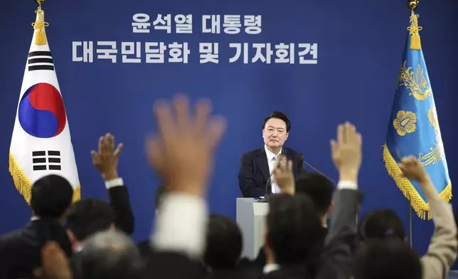 South Korean President Yoon Suk Yeol attends a news conference at the Presidential Office in Seoul, South Korea, Thursday, Nov. 7, 2024. (Kim Hong-Ji/Pool Photo via AP)