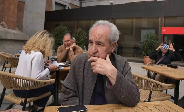 Novelist John Banville speaks during an interview with The Associated Press at the Prado Museum in Madrid, Spain, Wednesday, Oct. 23, 2024. (AP Photo/Paul White)