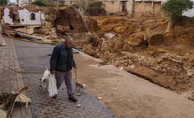 A man walks his dogs in front of an area affected by flooding in Chiva, Spain, Friday, Nov. 1, 2024. (AP Photo/Manu Fernandez)