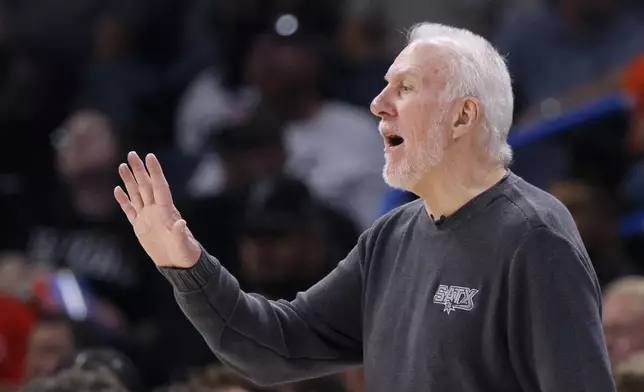 San Antonio Spurs coach Gregg Popovich gives instructions to his players during the second half of an NBA basketball game against the Oklahoma City Thunder, Wednesday, Oct. 30, 2024, in Oklahoma City. (AP Photo/Nate Billings)