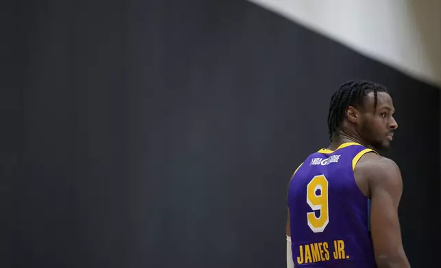 South Bay Lakers guard Bronny James walks down the court during the second half of an NBA G League basketball game against the Salt Lake City Stars Saturday, Nov. 9, 2024, in El Segundo, Calif. (AP Photo/Eric Thayer)