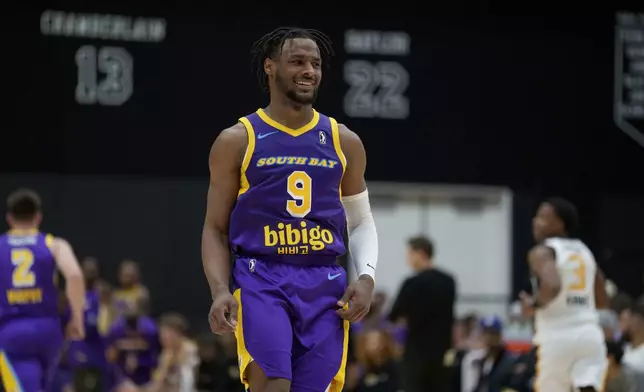 South Bay Lakers guard Bronny James (9) walks on the court during the first half of an NBA G League basketball game against the Salt Lake City Stars Saturday, Nov. 9, 2024, in El Segundo, Calif. (AP Photo/Eric Thayer)