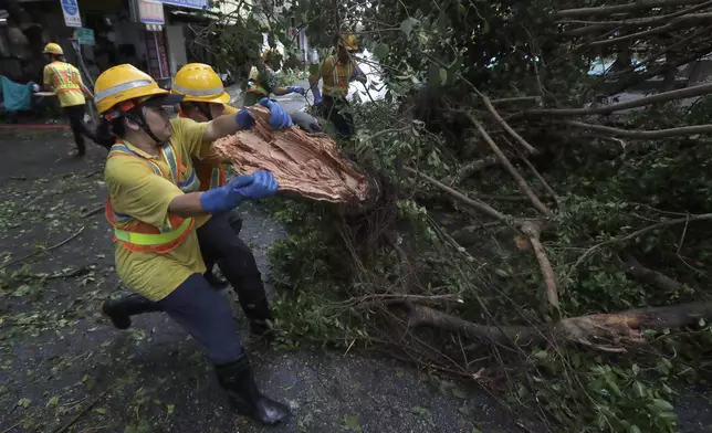 Sanitation workers of Taipei city government clear debris in the aftermath of Typhoon Kong-rey in Taipei, Taiwan, Friday, Nov. 1, 2024. (AP Photo/Chiang Ying-ying)