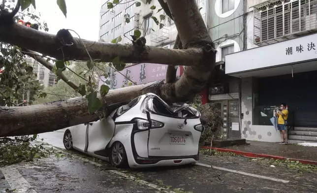 A man takes a photo of a car crushed by a fallen tree destroyed by the wind of Typhoon Kong-rey in Taipei, Taiwan, Friday, Nov. 1, 2024. (AP Photo/Chiang Ying-ying)