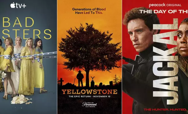 This combination of images show promotional art for "Bad "Sisters", from left, "Yellowstone", and "The "Day of the Jackal". (Apple TV+/Paramount Network/Peacock via AP)