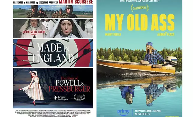 This combination of images shows promotional art for "Made in England: The Films of Powell and Pressburger," left, and "My Old Ass" (Cohen Media Group/Amazon Studios via AP)