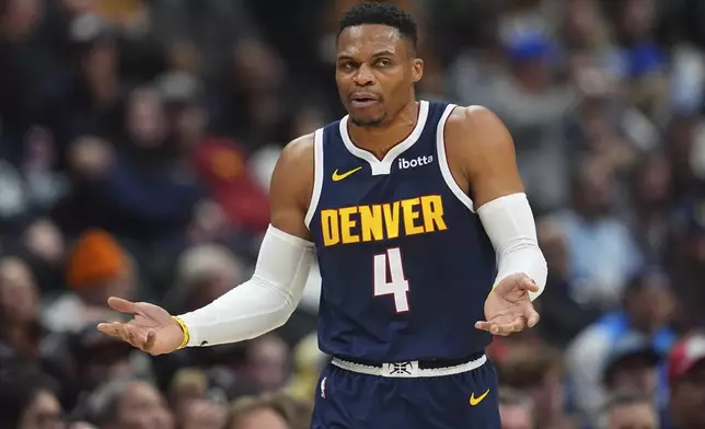 Denver Nuggets guard Russell Westbrook argues after he was called for a technical foul in the first half of an NBA basketball game against the Oklahoma City Thunder Wednesday, Nov. 6, 2024, in Denver. (AP Photo/David Zalubowski)