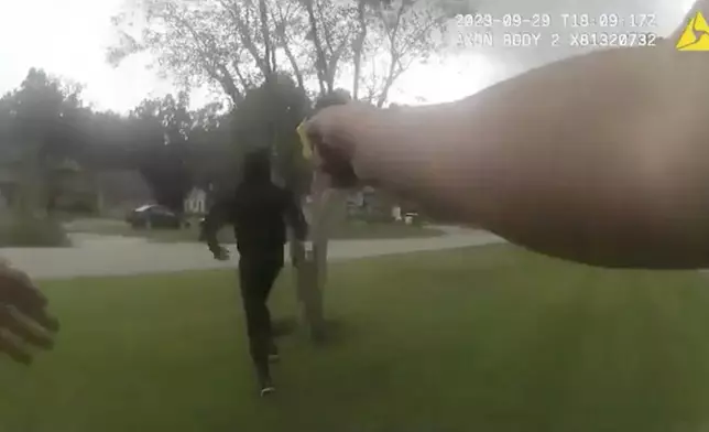 FILE - This image taken from Jacksonville Sheriff's Office body camera video shows a police officer tasing Le'Keian Woods as Woods flees a traffic stop, Sept. 29, 2023, in Jacksonville, Fla. (Jacksonville Sheriff's Office via AP, File)