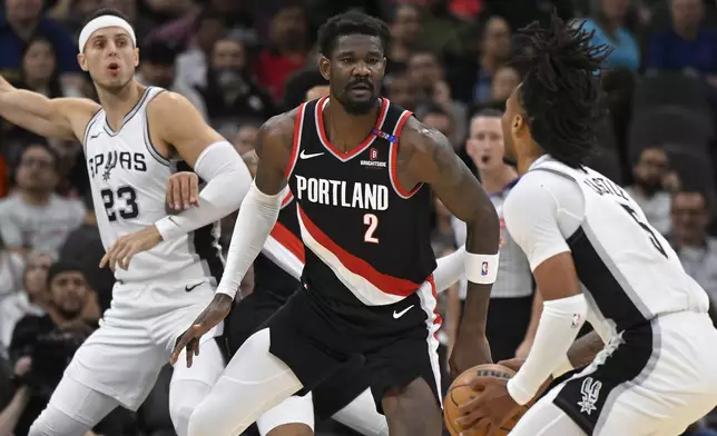 Portland Trail Blazers' Deandre Ayton (2) guards San Antonio Spurs' Stephon Castle (5) during the first half of an NBA basketball game, Thursday, Nov. 7, 2024, in San Antonio. (AP Photo/Darren Abate)