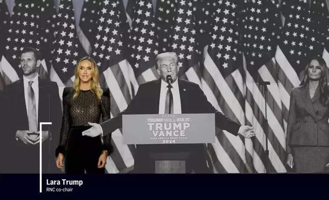 Donald Trump speaks at an election night watch party flanked by family members including daughter-in-law Lara Trump, co-chair of the Republican National Committee. (AP Photo/Alex Brandon; AP Illustration by Alex Connor)