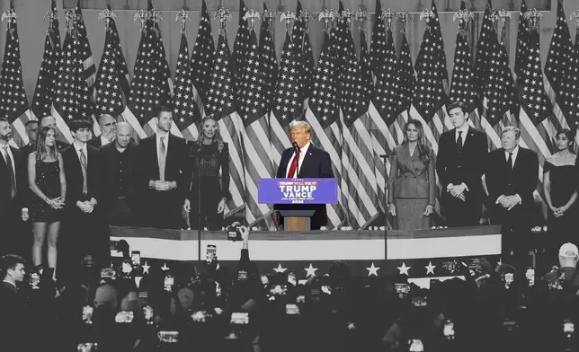 Donald Trump speaks at an election night watch party. He's joined by a crew of longtime friends, aides and new allies. (AP Photo/Lynne Sladky; AP Illustration by Alex Connor)