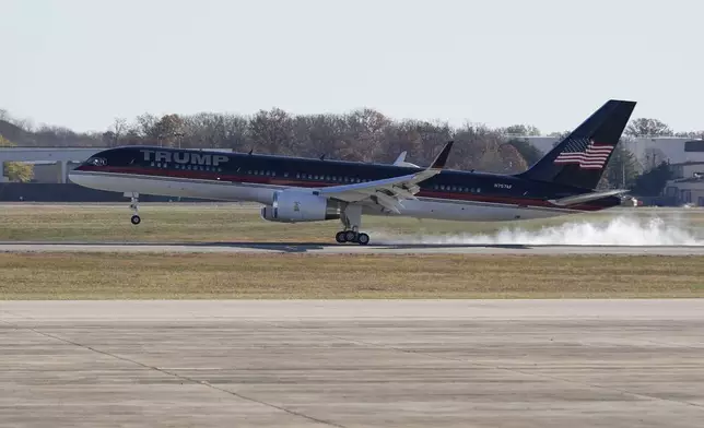 President-elect Donald Trump’s airplane, with Trump aboard, arrives, Wednesday, Nov. 13, 2024, at Joint Base Andrews, Md. (AP Photo/Alex Brandon)