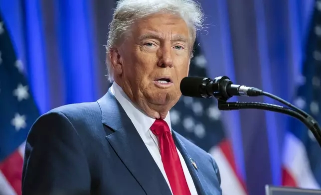 President-elect Donald Trump speaks during a meeting with the House GOP conference, Wednesday, Nov. 13, 2024, in Washington. (Allison Robbert/Pool via AP)