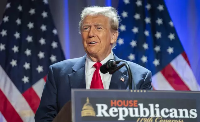 President-elect Donald Trump speaks during a meeting with the House GOP conference, Wednesday, Nov. 13, 2024, in Washington. (Allison Robbert/Pool via AP)