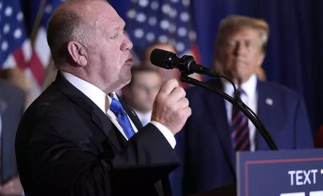 FILE - Tom Homan speaks as Republican presidential candidate former President Donald Trump listens at a primary election night party in Nashua, N.H., Jan. 23, 2024. President-elect Donald Trump says that Tom Homan, his former acting U.S. Immigration and Customs Enforcement director, will serve as “border czar” in his incoming administration. (AP Photo/Matt Rourke, File)