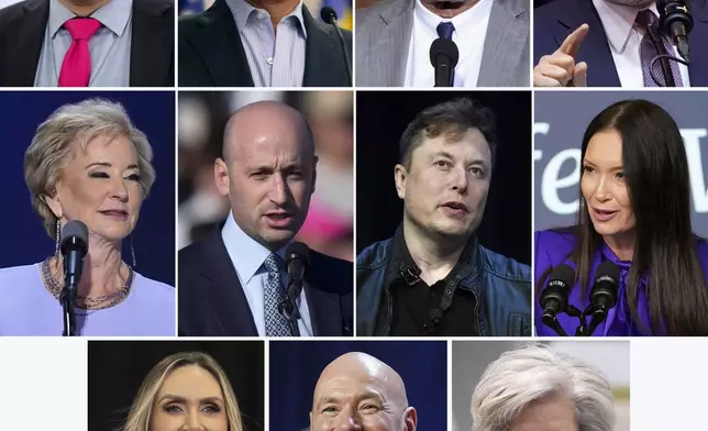 This combination photo of President-elect Donald Trump's longtime friends, aides and allies shows Boris Epshteyn, from top row left, Richard Grenell, Robert F. Kennedy Jr., Howard Lutnick, from center row left, Linda McMahon, Stephen Miller, Elon Musk, Brooke Rollins and from bottom row left Lara Trump, Dana White and Susie Wiles. (AP Photo)