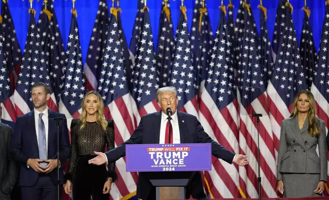 Republican presidential nominee former President Donald Trump speaks at an election night watch party Wednesday, Nov. 6, 2024, in West Palm Beach, Fla., as Eric Trump, Republican National Committee co-chair Lara Trump and Melania Trump listen. (AP Photo/Alex Brandon)